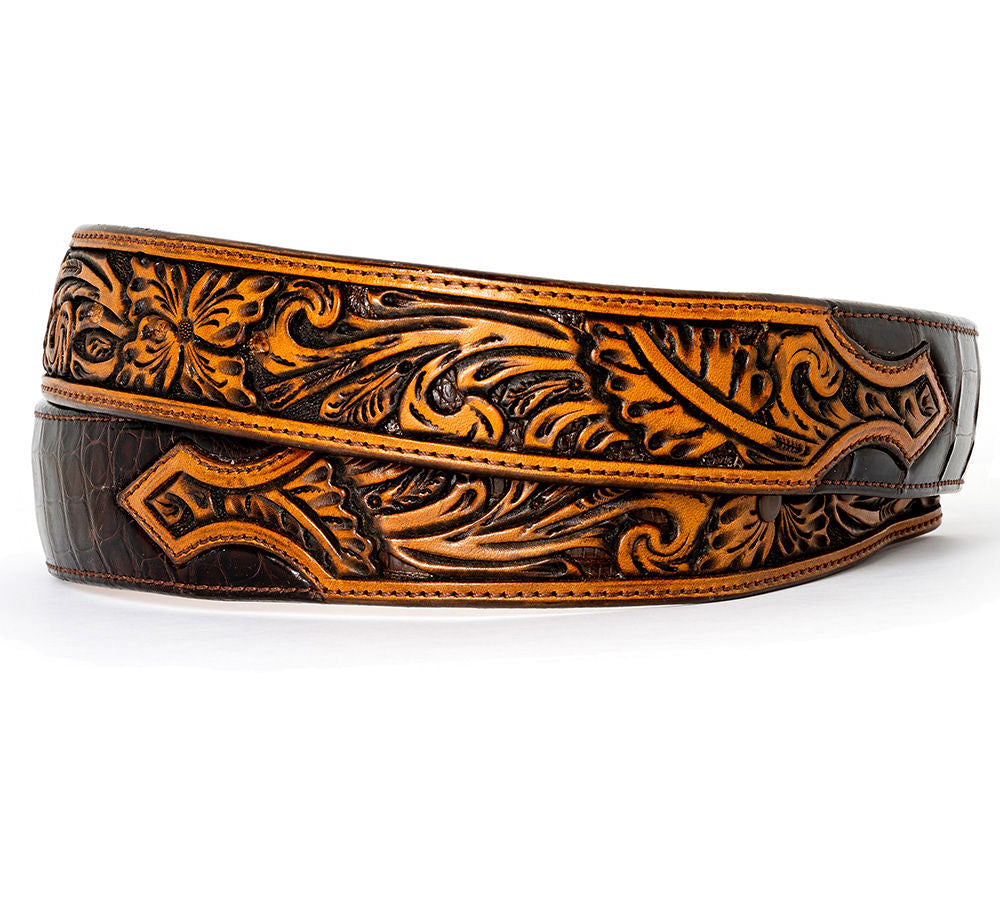 Brown Tooled Crocodile Belt Strap