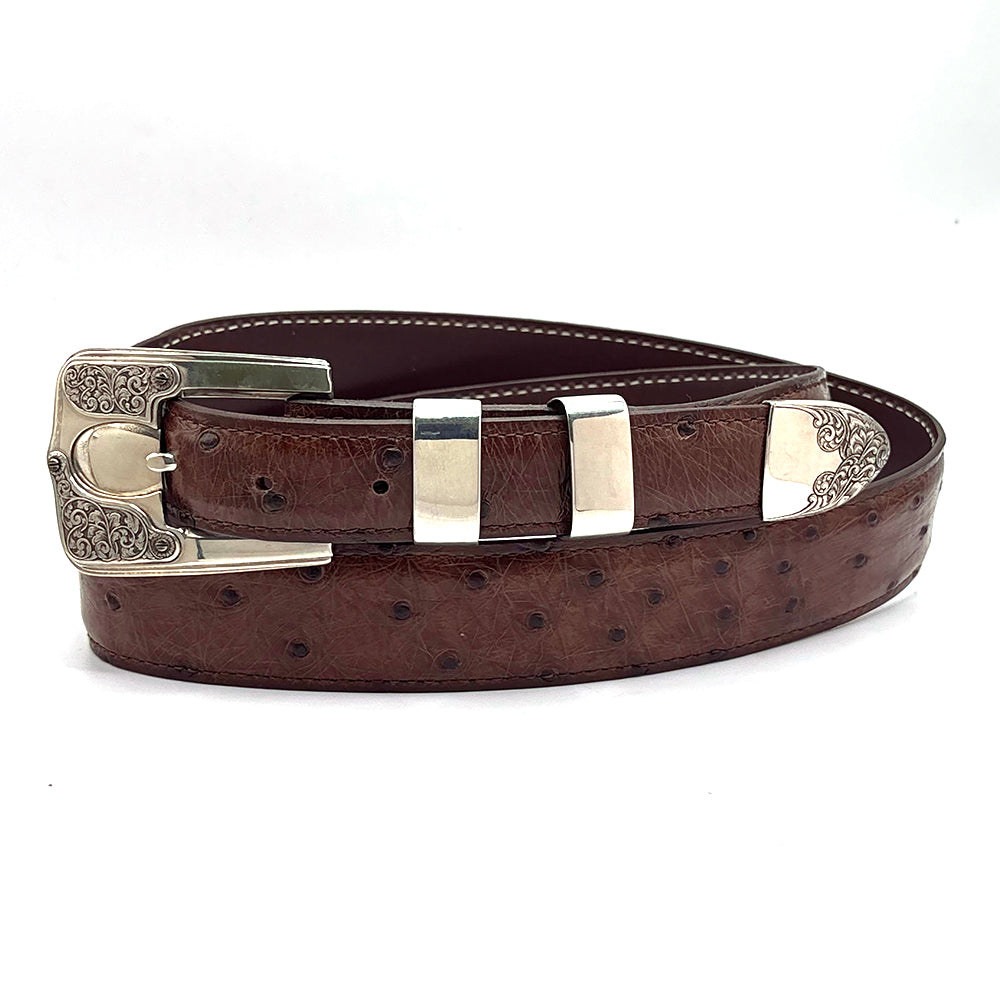 Neil Hunt belt buckle set on a Sienna ostrich belt strap.