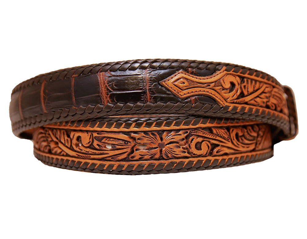 Two=Tone Tooled Crocodile Belt Strap