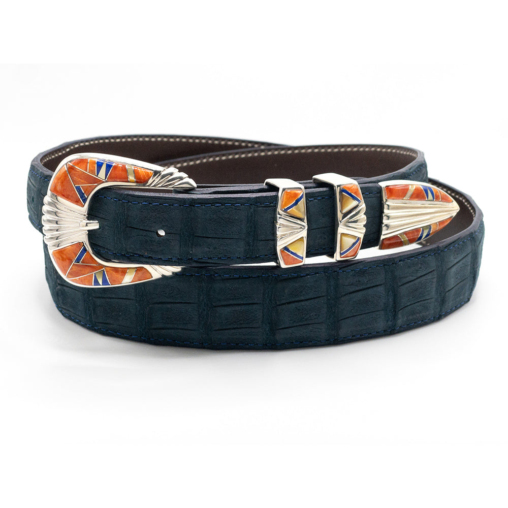 B G Mudd inlay belt buckle set shown with a navy blue nubuckl crocodile belt.