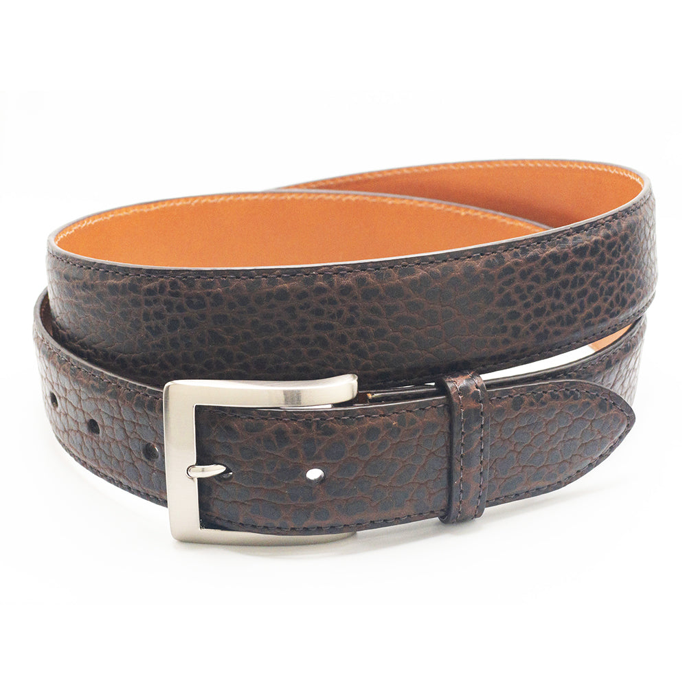 Brown American bison leather belt with a silver buckle on a white background