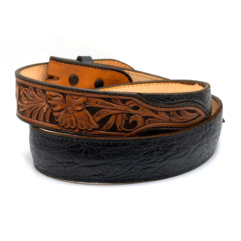 Brown bull-hide betl strap with Western tooled billets.