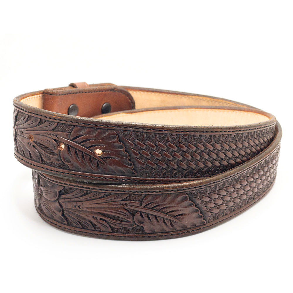 Brown Stamped and Carved Western Leather Belt Strap