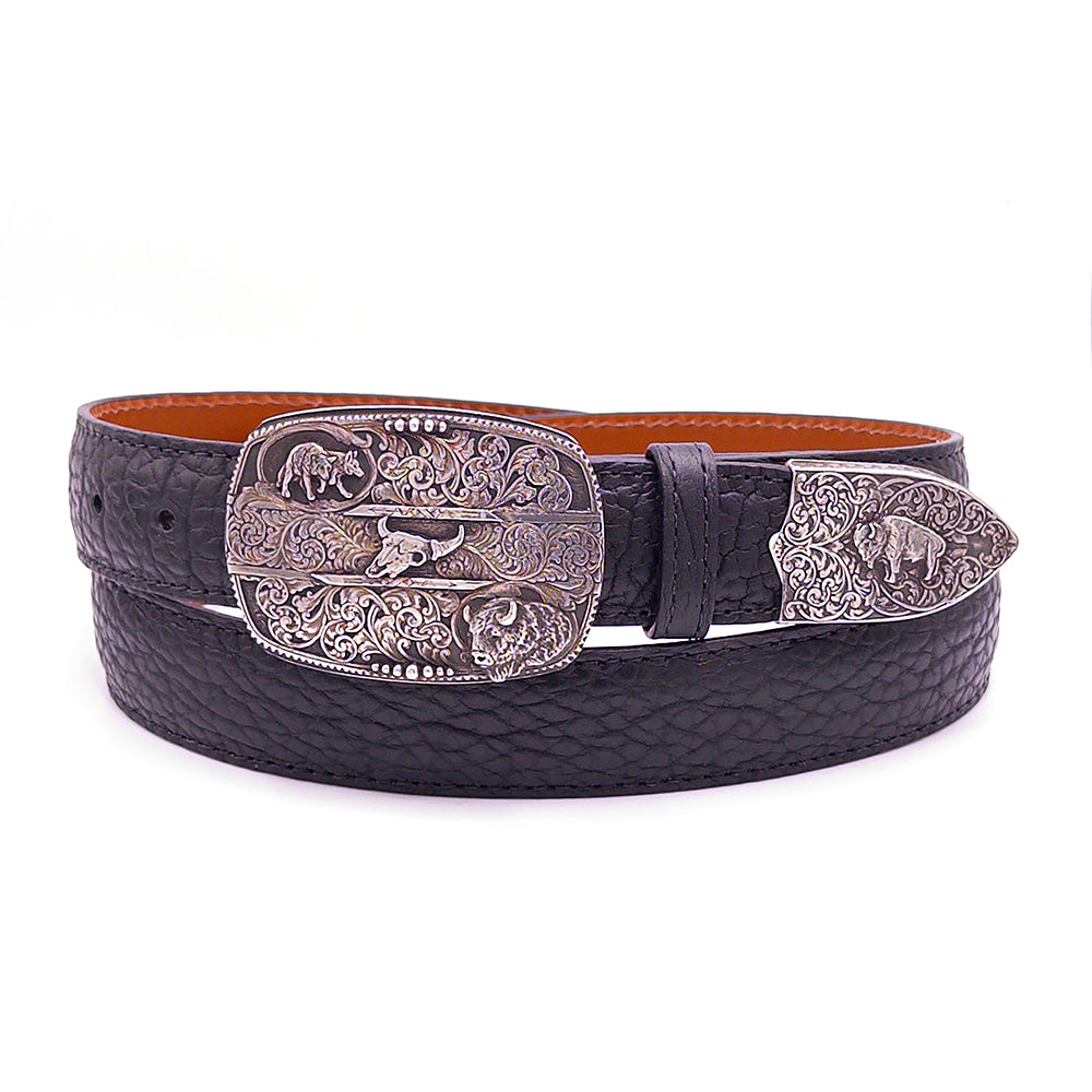 Sterling silver Bucffalo King bwlt buckle with silver tip on a balck bison belt strap.