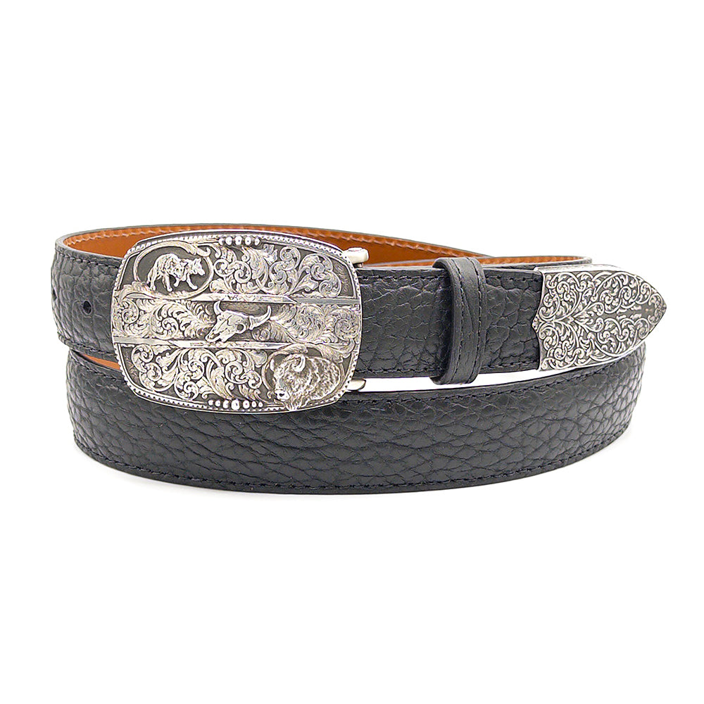 Sterling silver Buffalo King belt buckle with silver tip on a black bison belt strap.