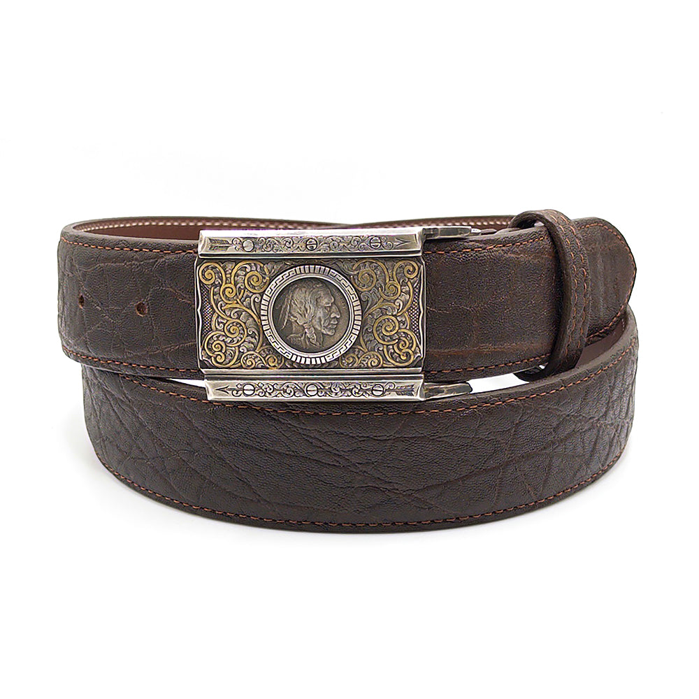 Sterling silver and 24K gold belt bucke on a chocolate elephant belt strap.