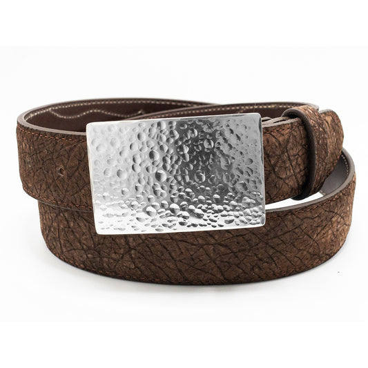 Chacon Crater belt buckle shown on a chocolate hippo belt strap.