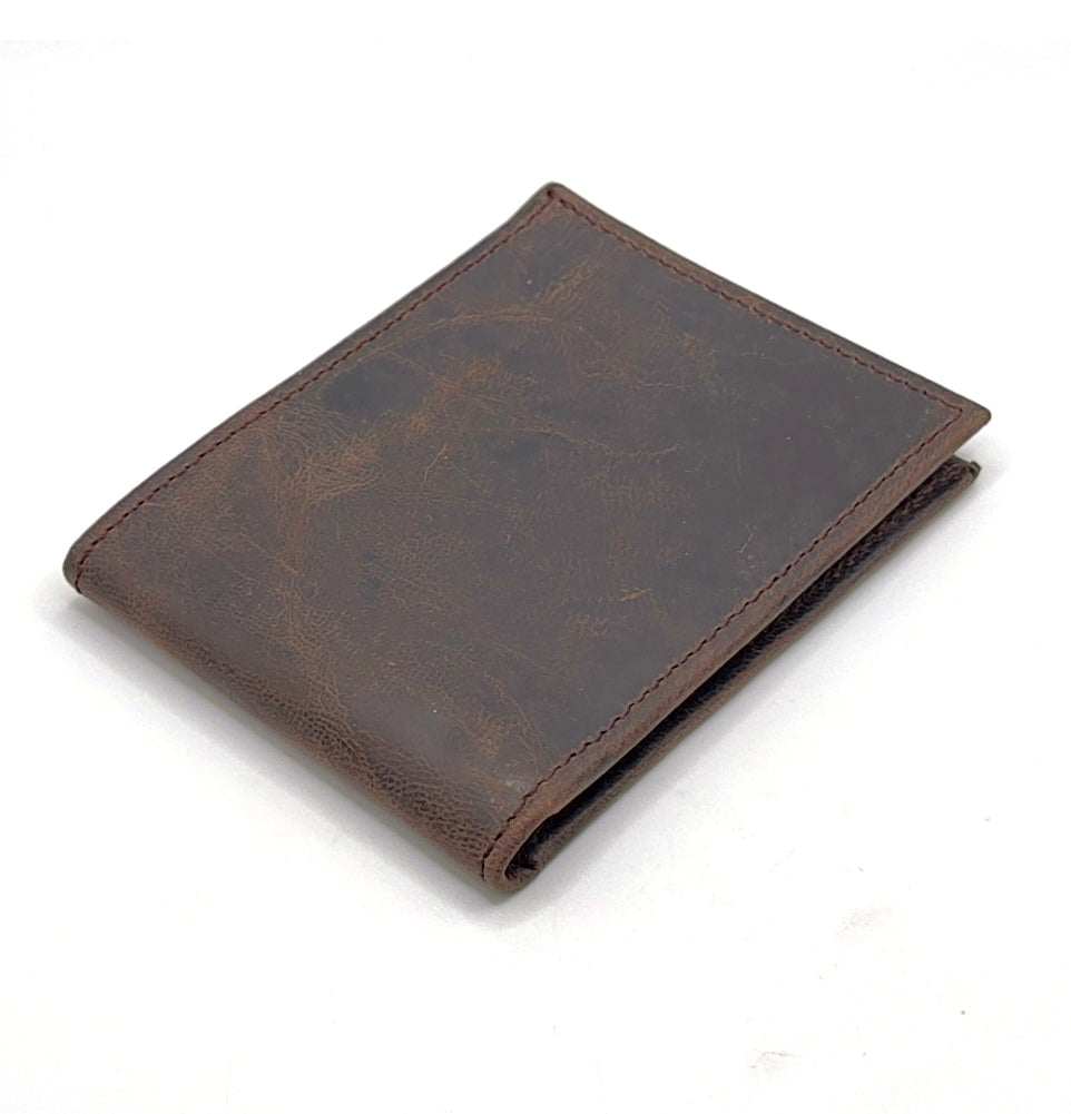 Chocolate goatskin slim-fold wallet.