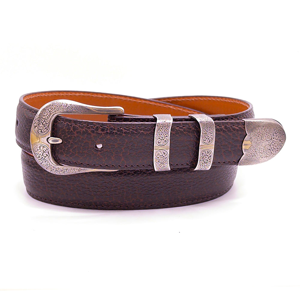 Neil Hunt Graceful Ovals belt buckle set shown on a brown bison belt strap.