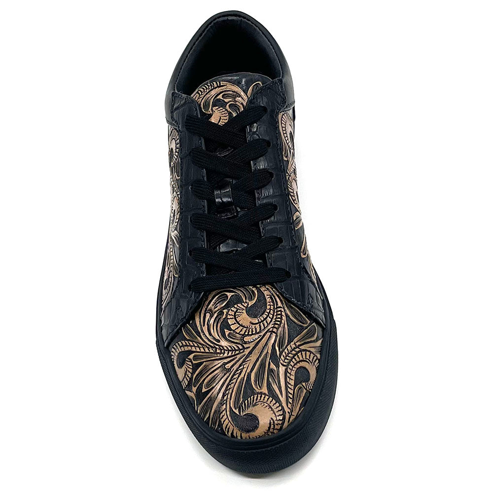 Black and brown handtooled leather luxury sneakers with crocodile accents.