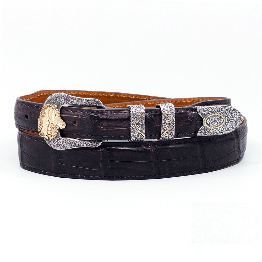 Neil Hunt Arabian San Isabel belt buckle set shown on a brown Caiman tail belt strap.