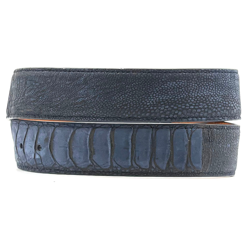 Navy Suede Ostrich Leg Belt Staps