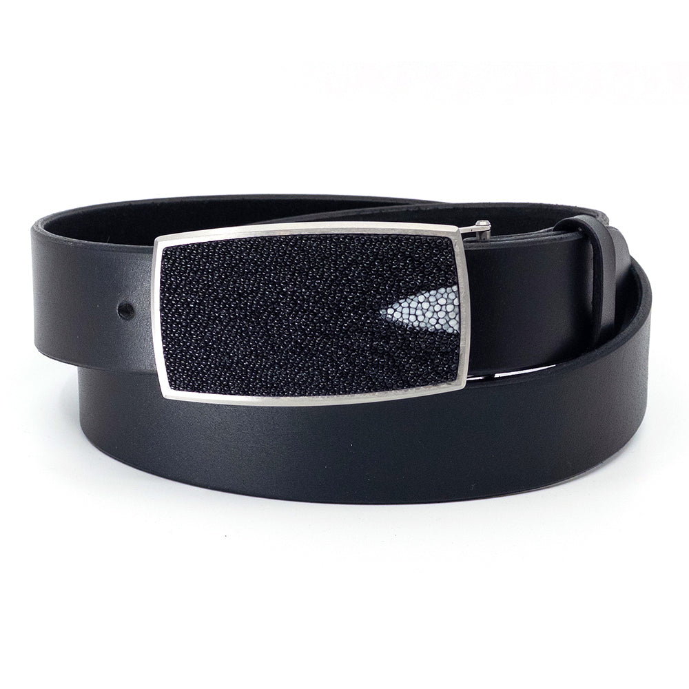Pat Pruitt stainless steel belt buckle with stingray inlay shown on a black bridle leather belt.