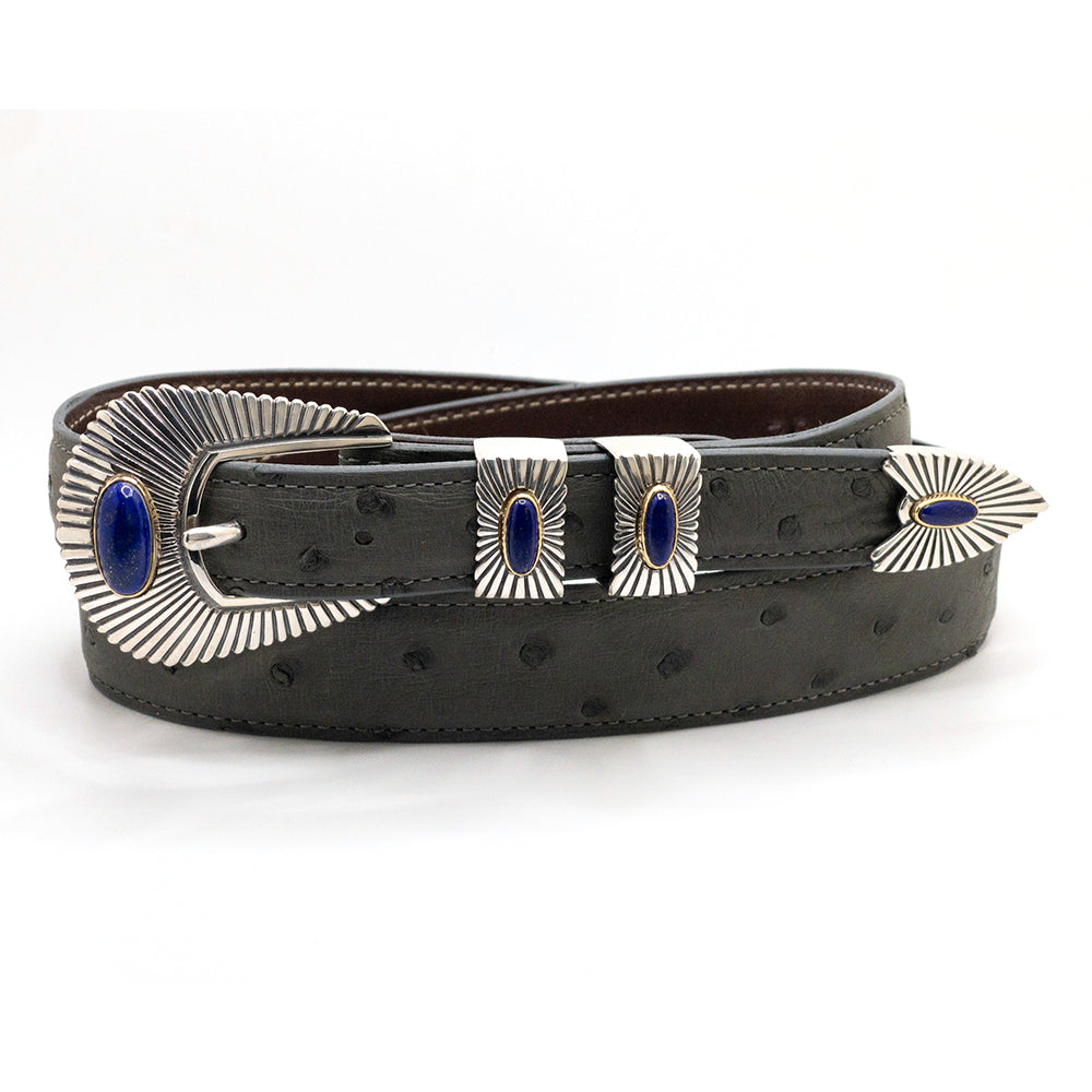 RDM Fan with Lapis and 18k gold buckle set shown on a gray full wuill ostrich belt.