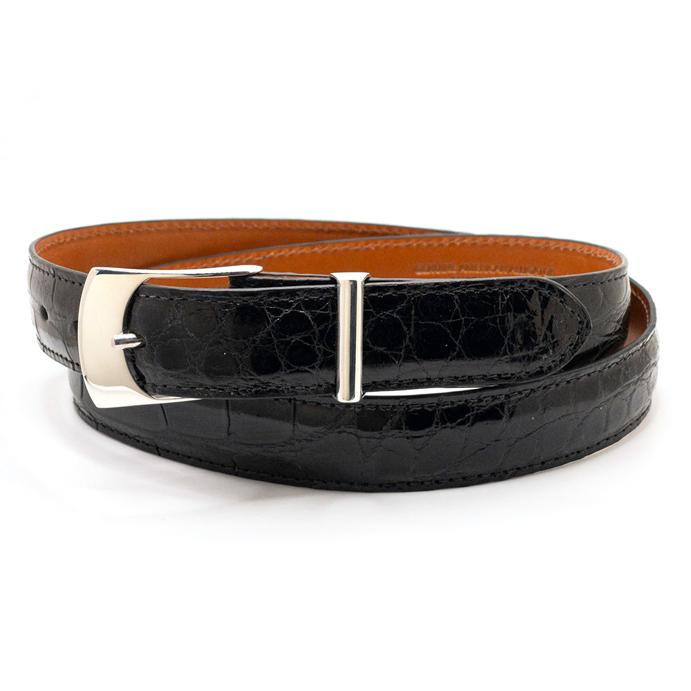 RDM Flair buckle and keeper shown on a black alligator belt strap.