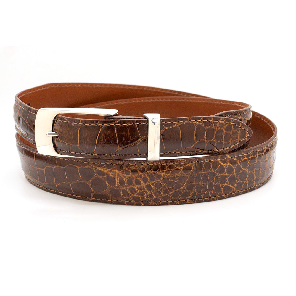 RDM Square Flair silver buckle and keeper shown on a cognac alligator belt strap.