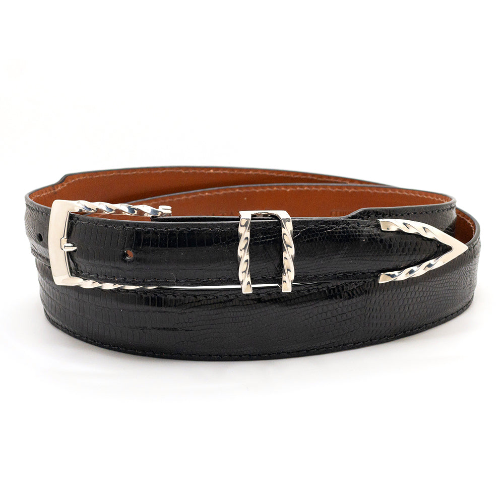 RDM Twist belt buckle set shown on a black lizard belt strap.