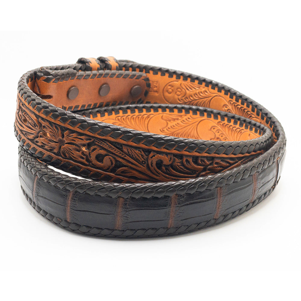 Brown Crocodile Belt Strap w/ Tooled Billets and Stitching