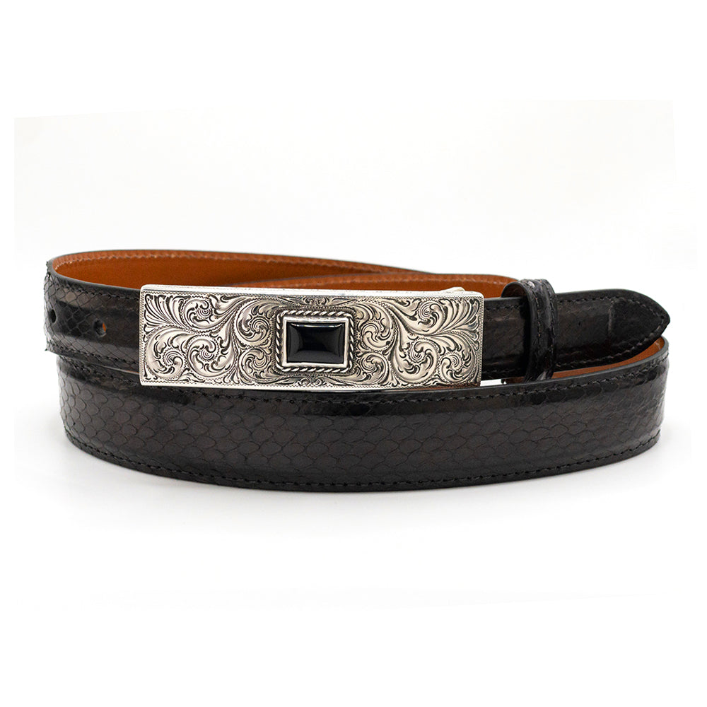 Silver King engraved sterling silver and onyx Slide belt buckle shown on a black cobra belt strap.