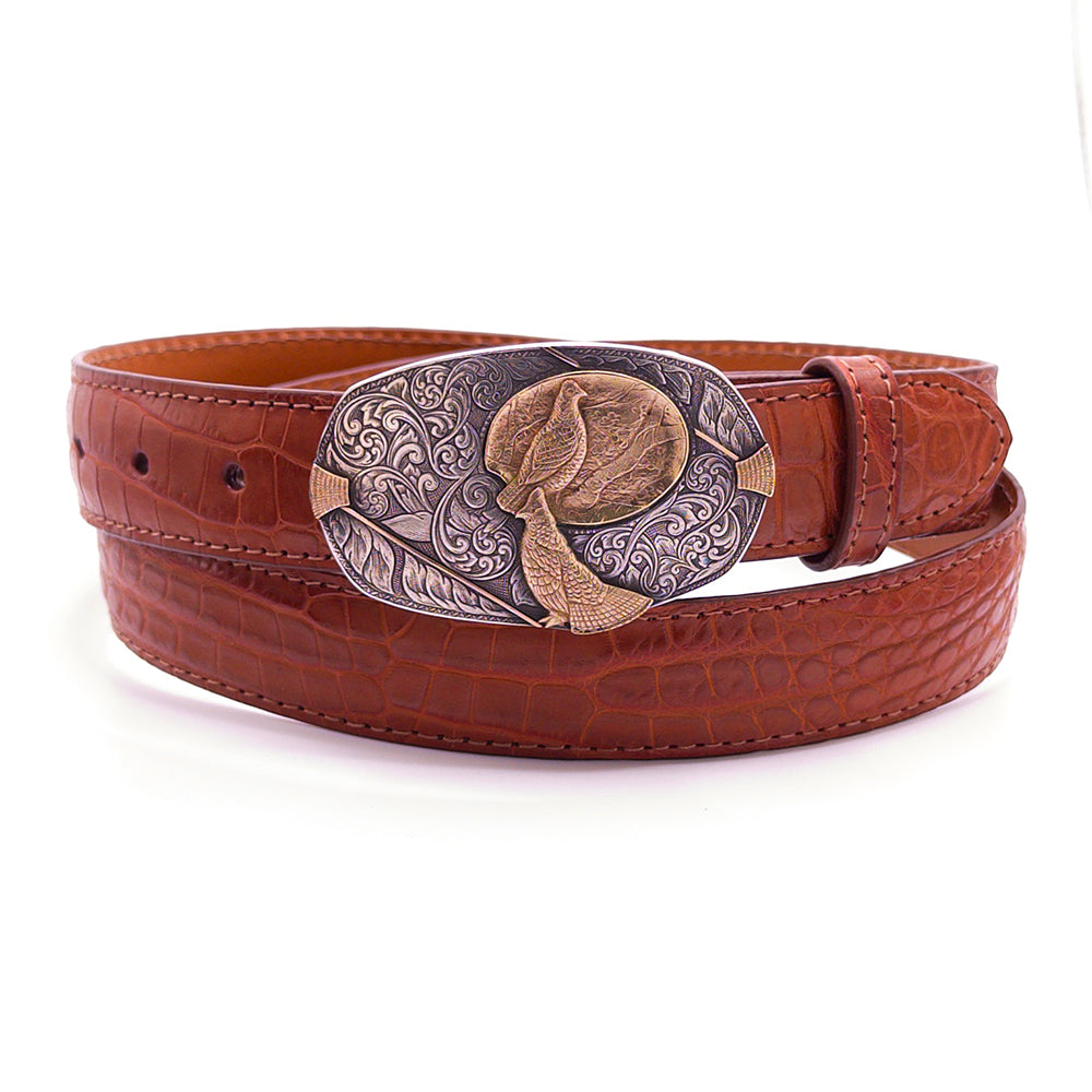Neil Hunt Superior Grouse buckle shown on a cognac Nile belt strap.