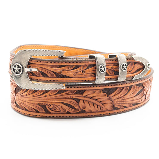 Chacon silver florentine Bellaire silver star belt buckle set shown on a floral handcarved leather belt.