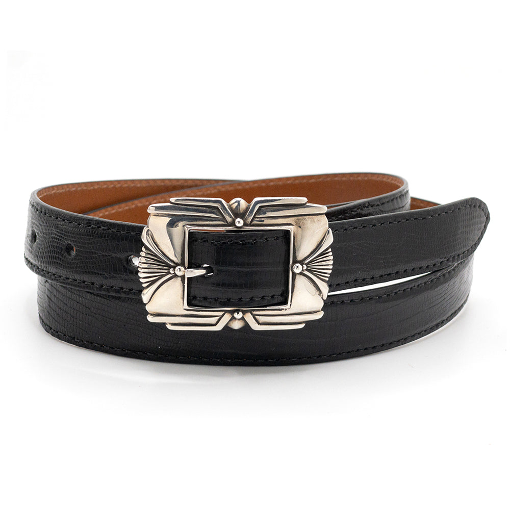 Dear & Company silver Vierito garrison belt buckle shown on a balck lizard betl.