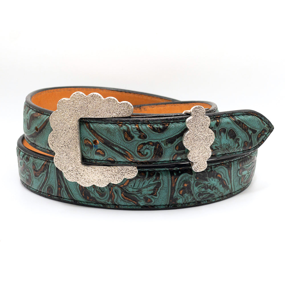 Dughlas James Concord belt buckle and keeper shown on a turquoise embossed leather belt strap.