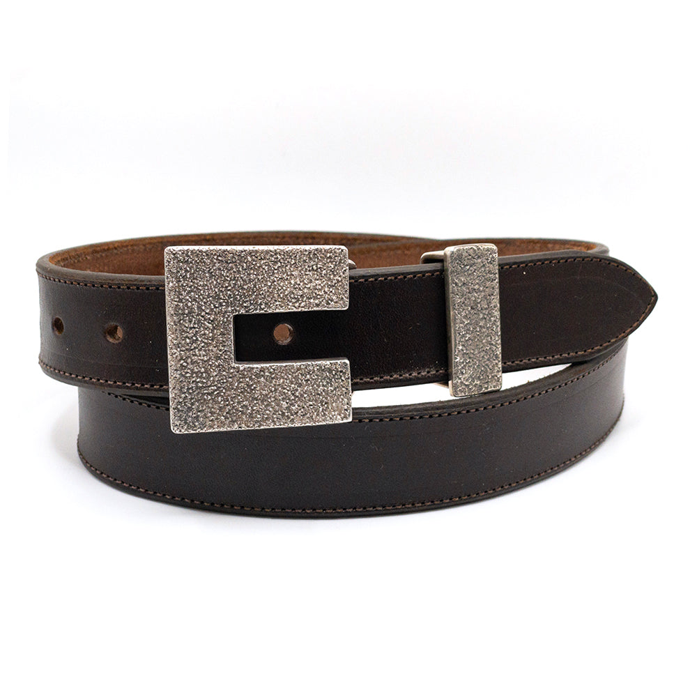 Dughlas James Marfa buckle shown on a brown bridle leather belt strap.