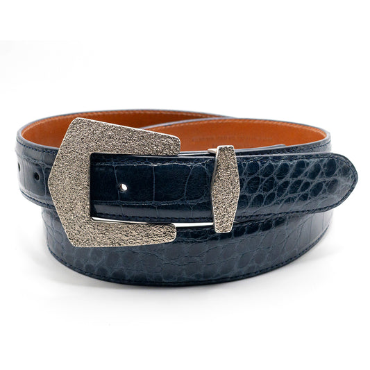 Dughlas James Prescott buckle and keeper shown on a denim alligator belt strap.