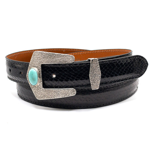 Dughlas james Prescott with turquoise belt buckle and matching keeper shown on a black.