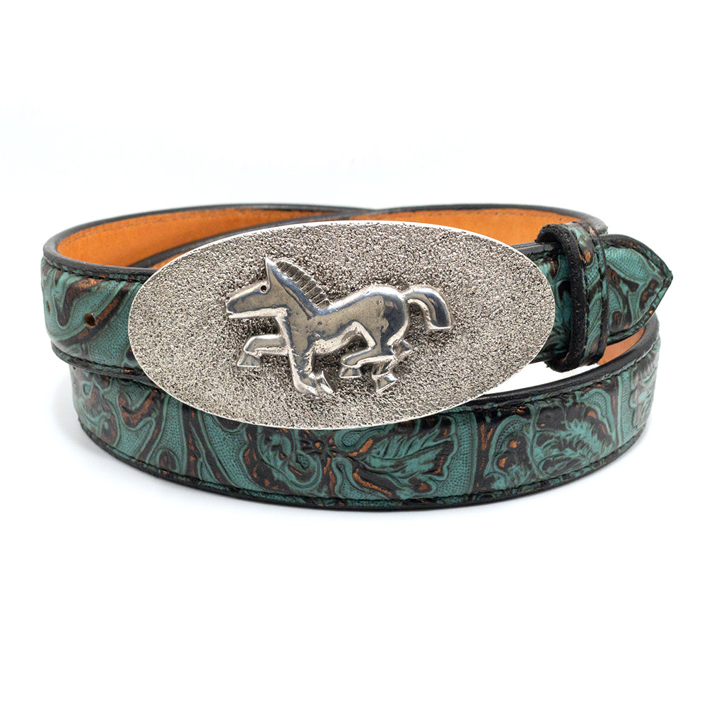 Dughlas James Cavalier belt buckle shown on a turquoise embossed leather belt strap.