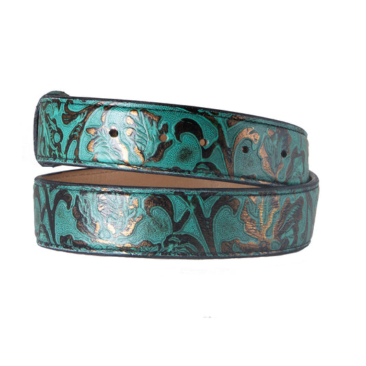 Turquoise Blue Embossed Leather Belt Strap