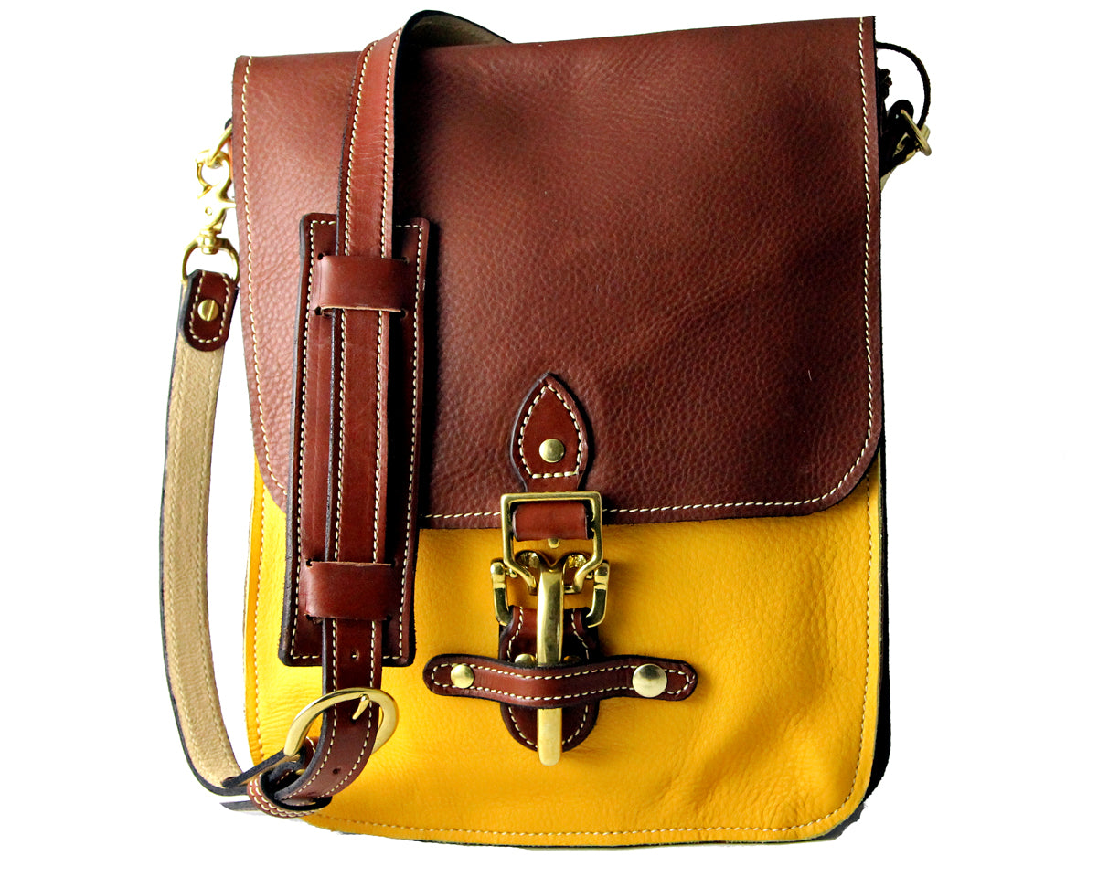 Yellow leather store messenger bag