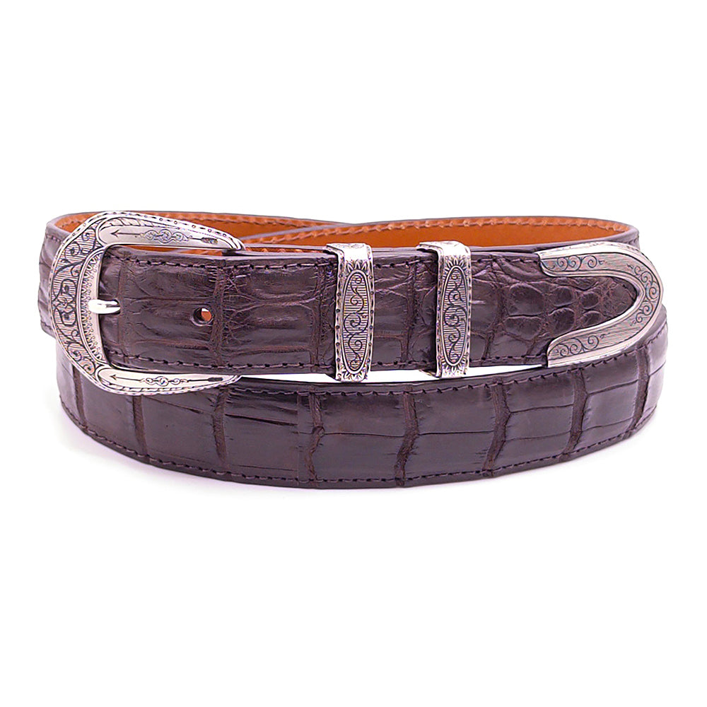 Neil Hunt Praire 1856-R belt buckle set on a brown Nile crocodile belt strap.