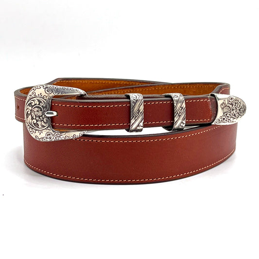 Neil Hunt engraved sterling silver belt buckle et on a cognac bridle leahter belt strap.