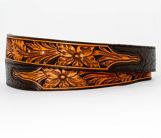 Floral Carved Western Bull-Hide Leather Belt Strap