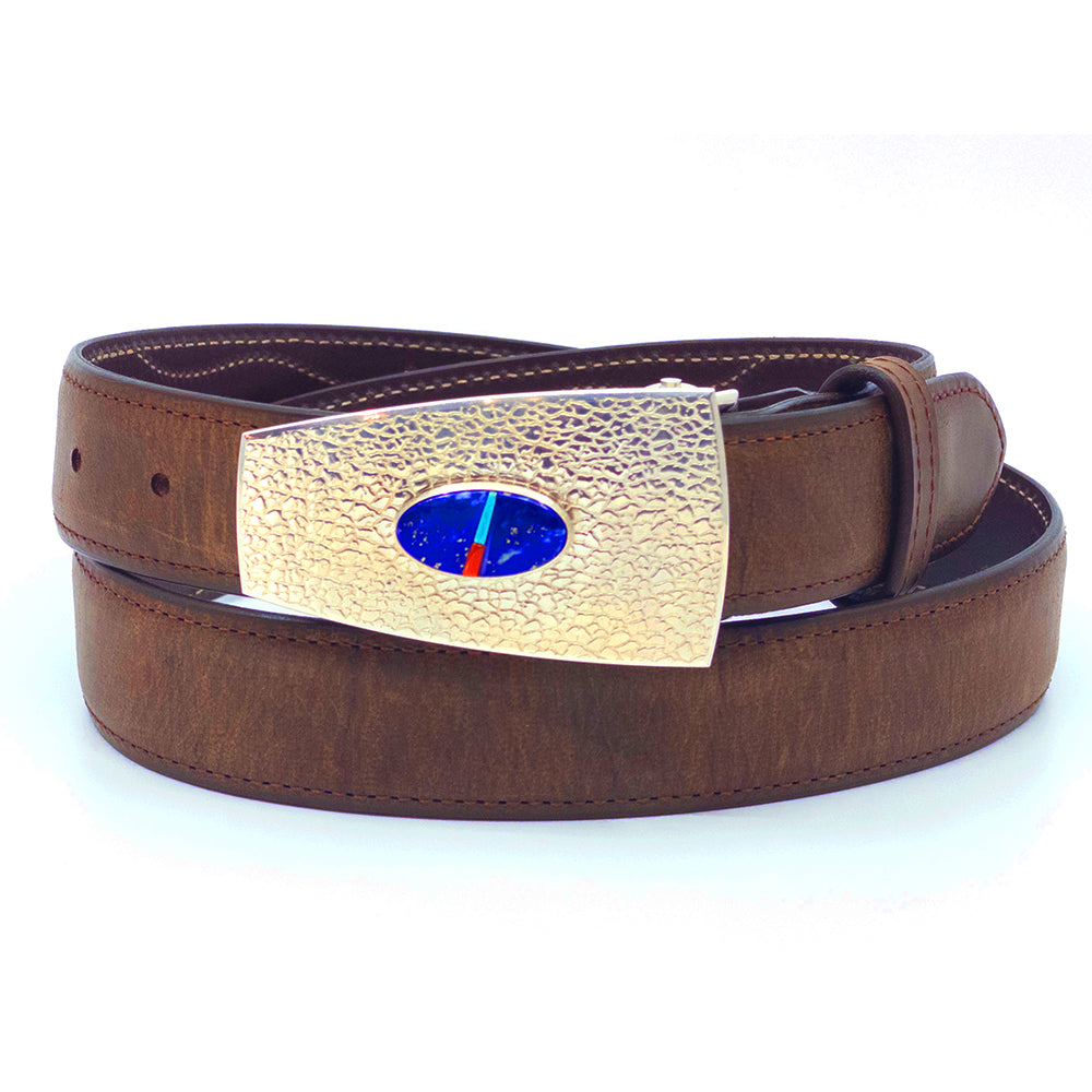 Chris Pruitt silver belt buckle with lapis, turquoise, and coral on a brown goatskin belt.