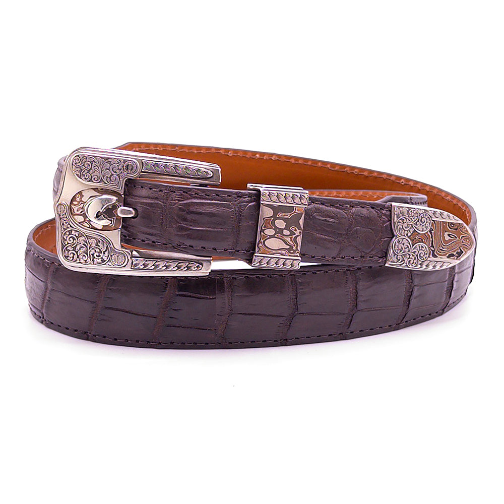 Neil Hunt Adirondack belt buckle set with Mokume-Gane and a trout shown on a brown Nile belt strap.