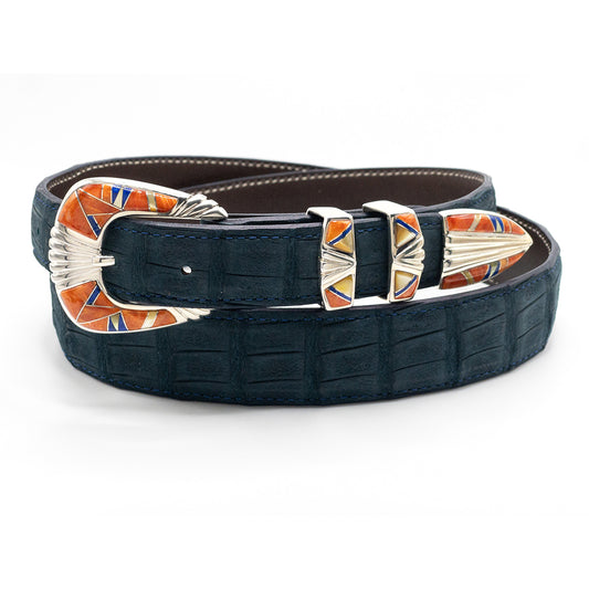 B G Mudd inlay belt buckle set shown with a navy blue nubuckl crocodile  belt.