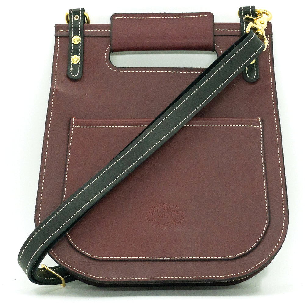 The backside of the Billy Sunday oxblood leather crossbody saddlebag.