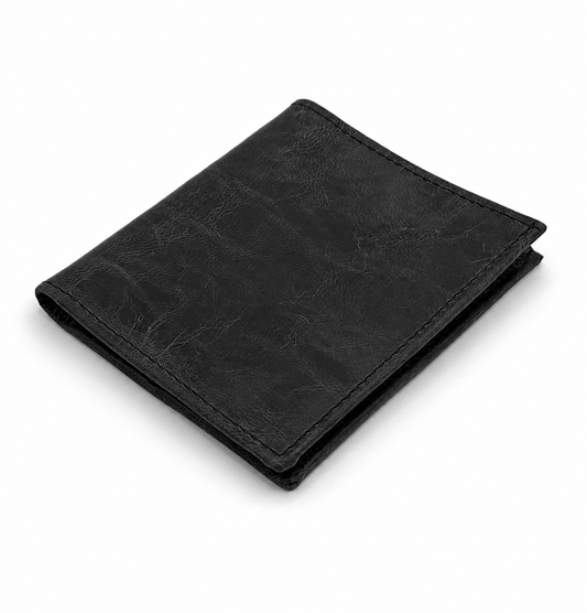 Black goatskin bi-fold wallet.
