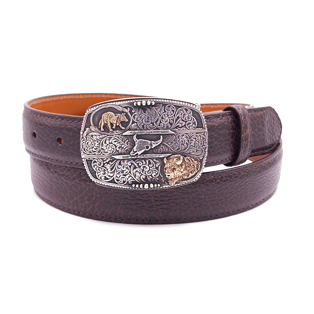 Buffalo King with 14k gold belt buckle on a brown bison belt.