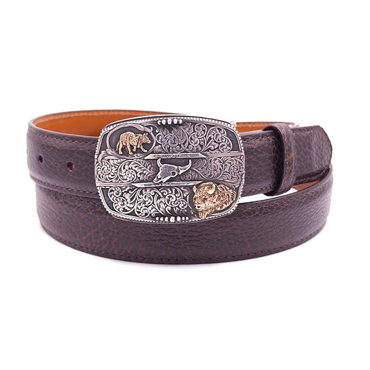 Buffalo King with 14k gold belt buckle on a brown bison belt.