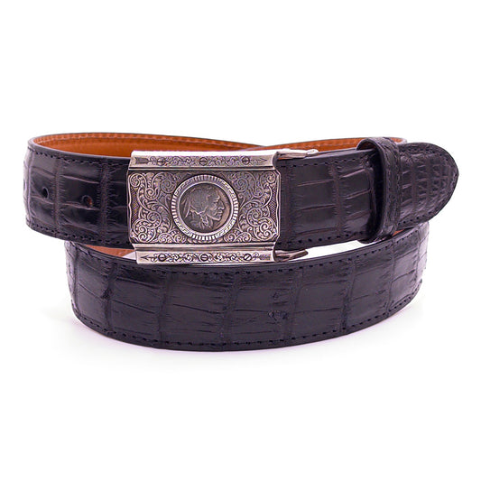 Neil Hunt Buffalo Nickel buckle shown on a black Nile crocodile belt strap.