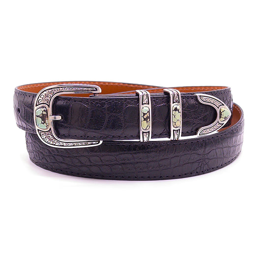 Chacon engraved turquoise Penasco belt buckle set shown on a black Nile crocodile belt strap.