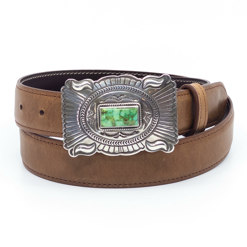 Chacon green turquoise buckle shown on a tan ranch leather belt.