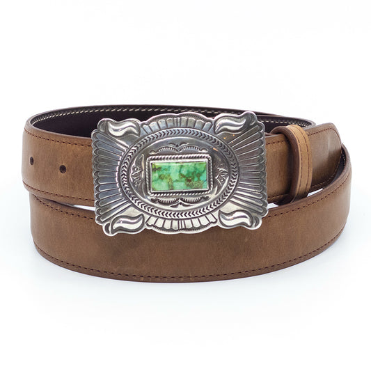Chacon green turquoise buckle shown on a tan ranch leather belt.
