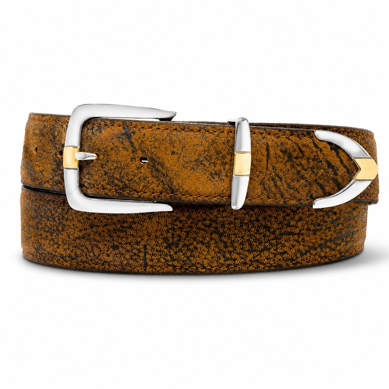 Chacon sterling silver with 14k gols Denver buckle set shown on a cognac cape buffalo belt strap.