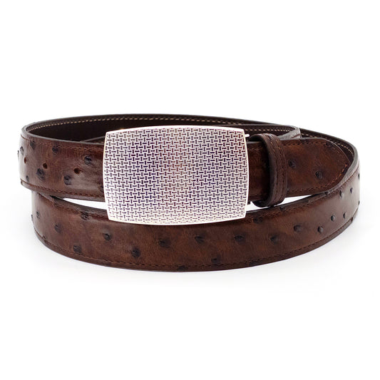 A brown ostrich leather belt with a textured silver rectangular buckle, coiled on a white background.