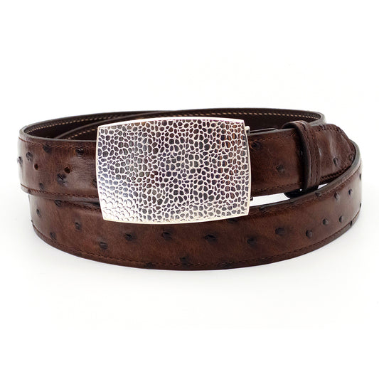 Chris Pruitt sterling silver betl buckle with a river rock texture on a Sienna brown full quill ostrich belt strap.